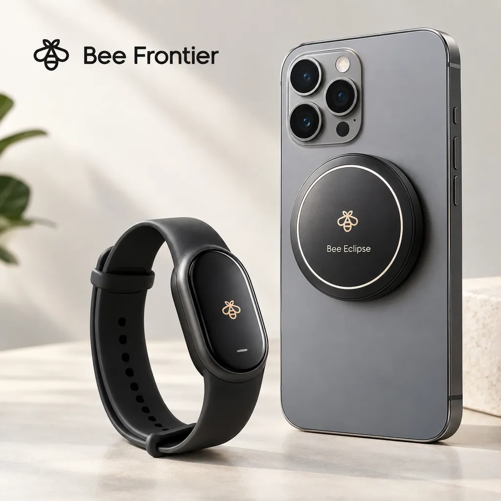 Bee Frontier 可穿戴设备与磁吸在手机背面的 Bee Eclipse 产品合照