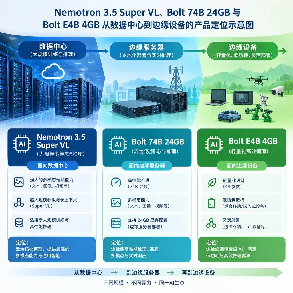 Nemotron 3.5 Super VL、Bolt 74B 24GB 与 Bolt E4B 4GB 从数据中心到边缘设备的产品定位示意图