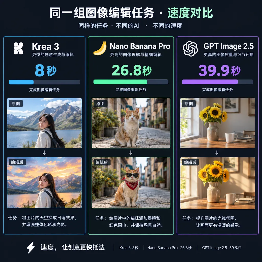 Krea 3、Nano Banana Pro与GPT Image 2.5完成同一组图像编辑任务的速度对比,突出8秒、26.8秒和39.9秒
