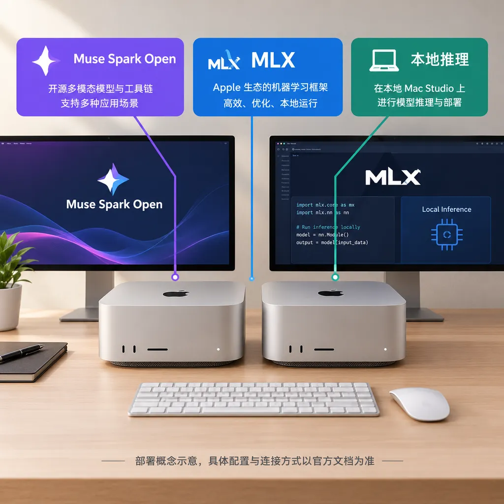 两台Mac Studio并排放置的桌面示意图,标注Muse Spark Open、MLX和本地推理;图片注明“部署概念示意,具体配置与连接方式以官方文档为准”