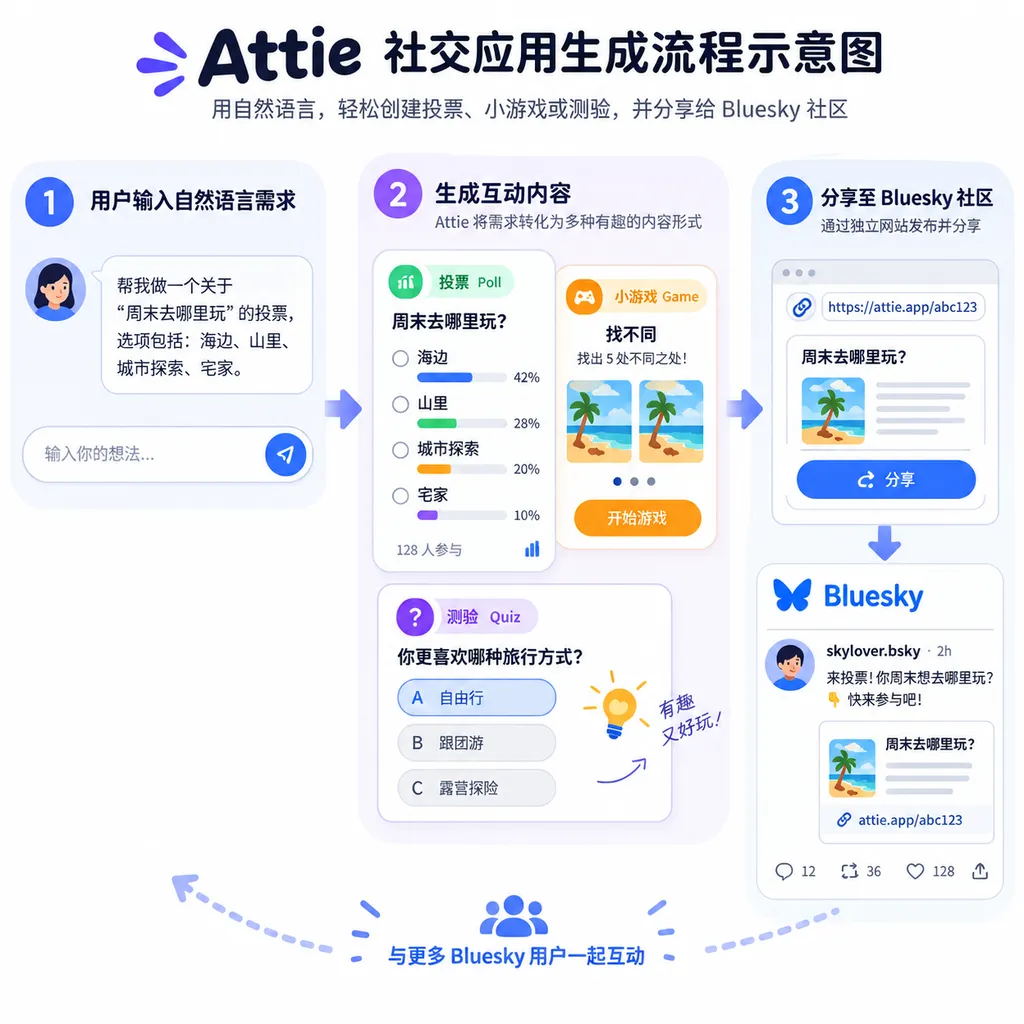 Attie社交应用生成流程示意图:用户输入自然语言需求,生成投票、小游戏或测验,再通过独立网站分享给Bluesky社区;示意图不代表产品实际界面