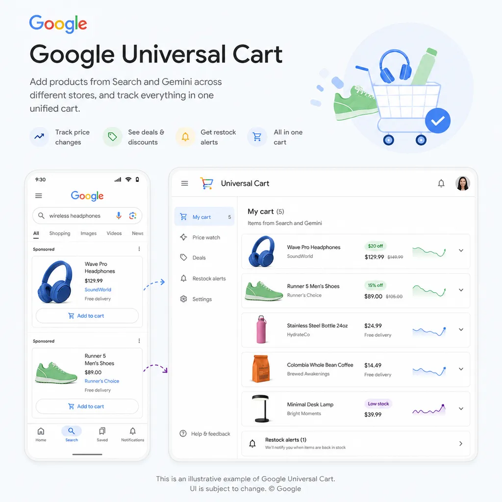 Google Universal Cart 产品界面示意,展示用户从 Search 与 Gemini 添加不同商家的商品,并在统一清单中查看价格变化、优惠信息与补货提醒;图片应采用官方素材或注明为示意图