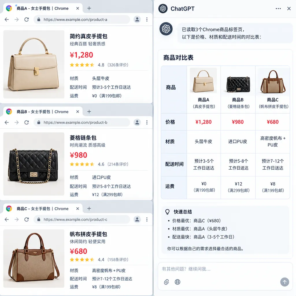 ChatGPT侧边栏同时读取三个Chrome商品标签页,并生成价格、材质和配送时间对比表