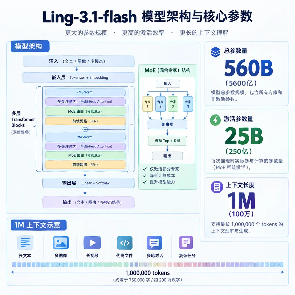 Ling-3.1-flash模型架构与560B总参数、25B激活参数、1M上下文示意图