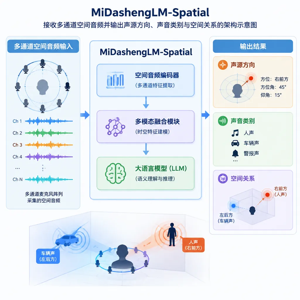 MiDashengLM-Spatial 接收多通道空间音频并输出声源方向、声音类别与空间关系的架构示意图