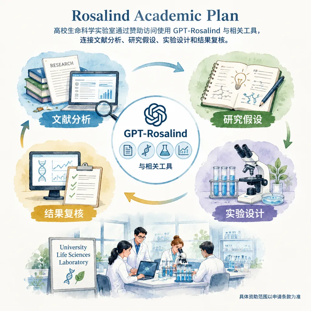 Rosalind Academic Plan 概念示意图:高校生命科学实验室通过赞助访问使用 GPT-Rosalind 与相关工具,连接文献分析、研究假设、实验设计和结果复核;图中标注“具体资助范围以申请条款为准”