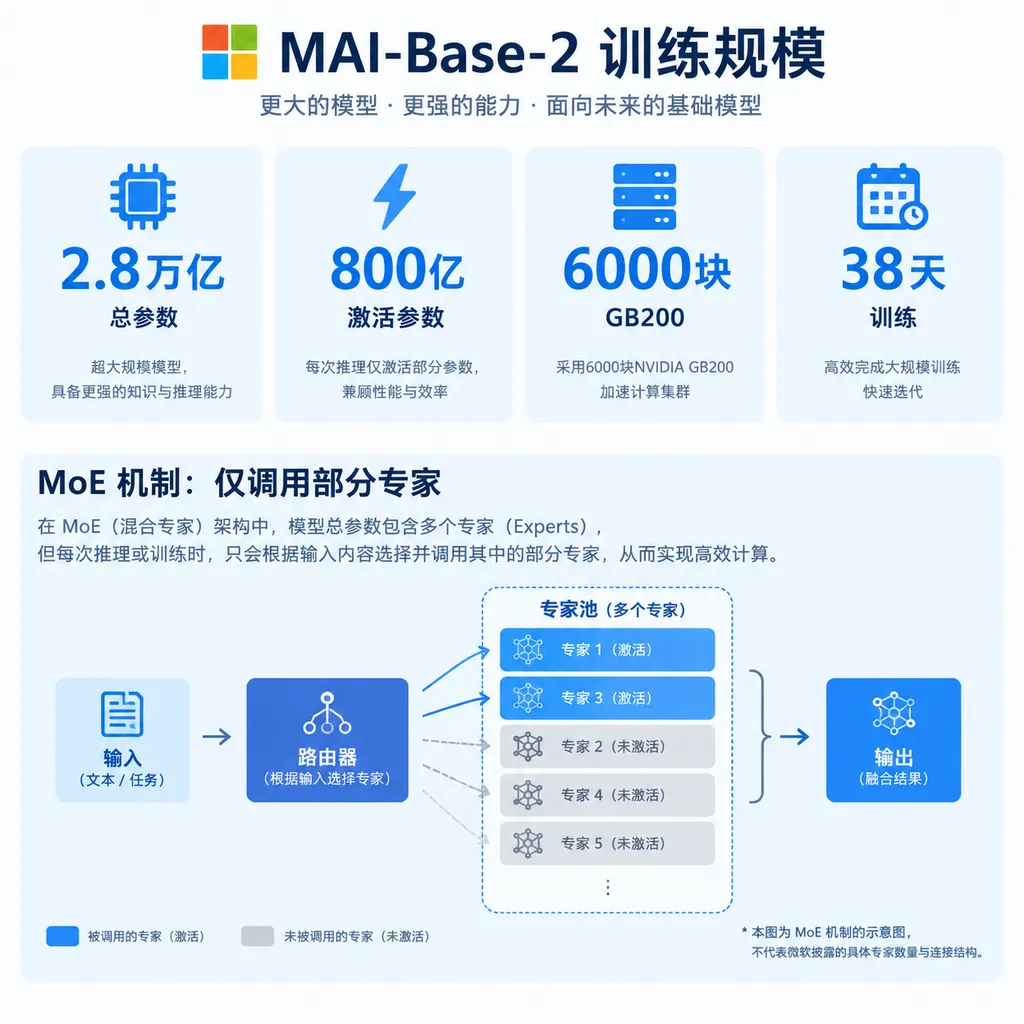 MAI-Base-2训练规模信息图,突出2.8万亿总参数、800亿激活参数、6000块GB200和38天训练,并用示意图展示MoE仅调用部分专家的机制;注明示意图不代表微软披露的具体专家数量与连接结构