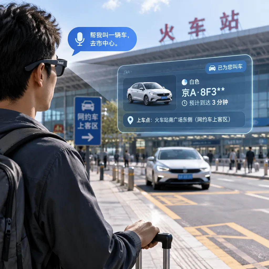 用户拖着行李站在车站外,通过Rokid眼镜语音叫车;眼镜视野中显示车辆颜色、车牌号、预计到达时间及上车点提示,示意图不包含未经公布的具体界面