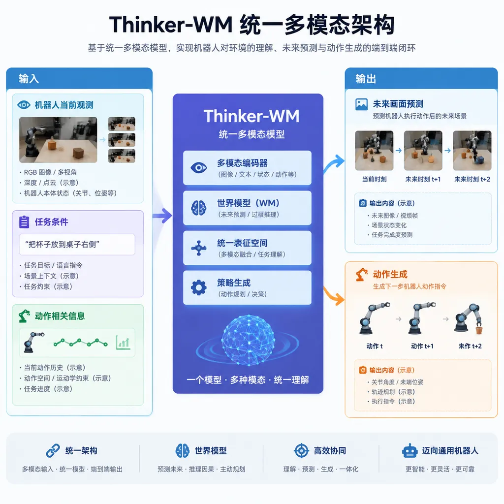 Thinker-WM统一多模态架构示意图,左侧输入机器人当前观测、任务条件与动作相关信息,中间展示统一模型,右侧并列呈现未来画面预测与动作生成;未公开的输入输出细节以示意标注
