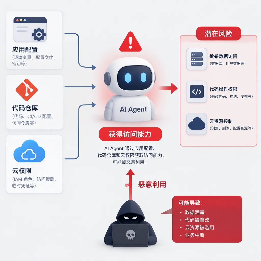AI Agent 从应用配置、代码仓库和云权限获取访问能力的安全风险示意图