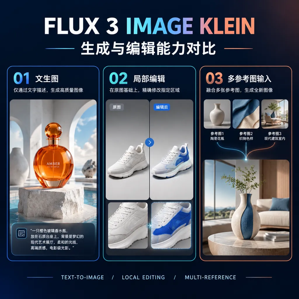 FLUX 3 Image Klein生成与编辑能力对比,展示文生图、局部编辑和多参考图输入