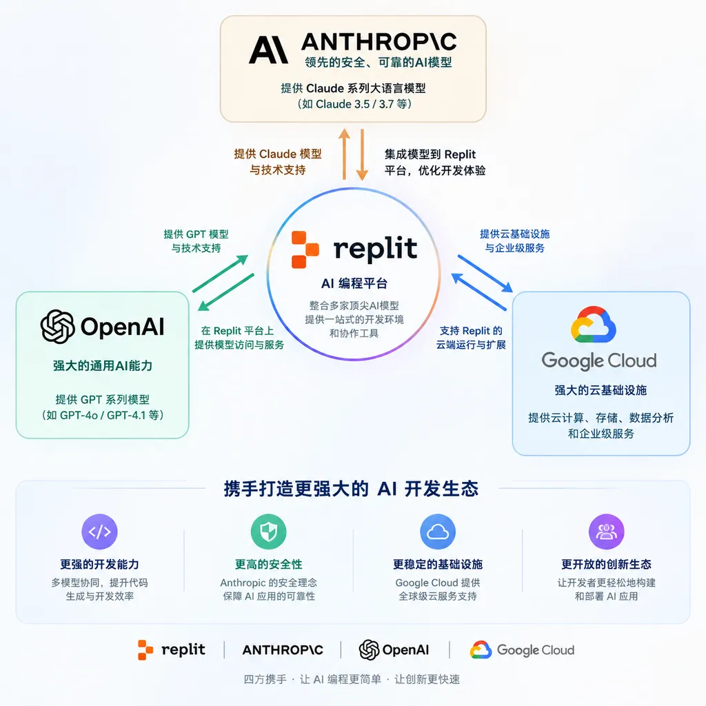 Replit AI 编程平台、Anthropic、OpenAI 与 Google Cloud 之间的合作关系示意图