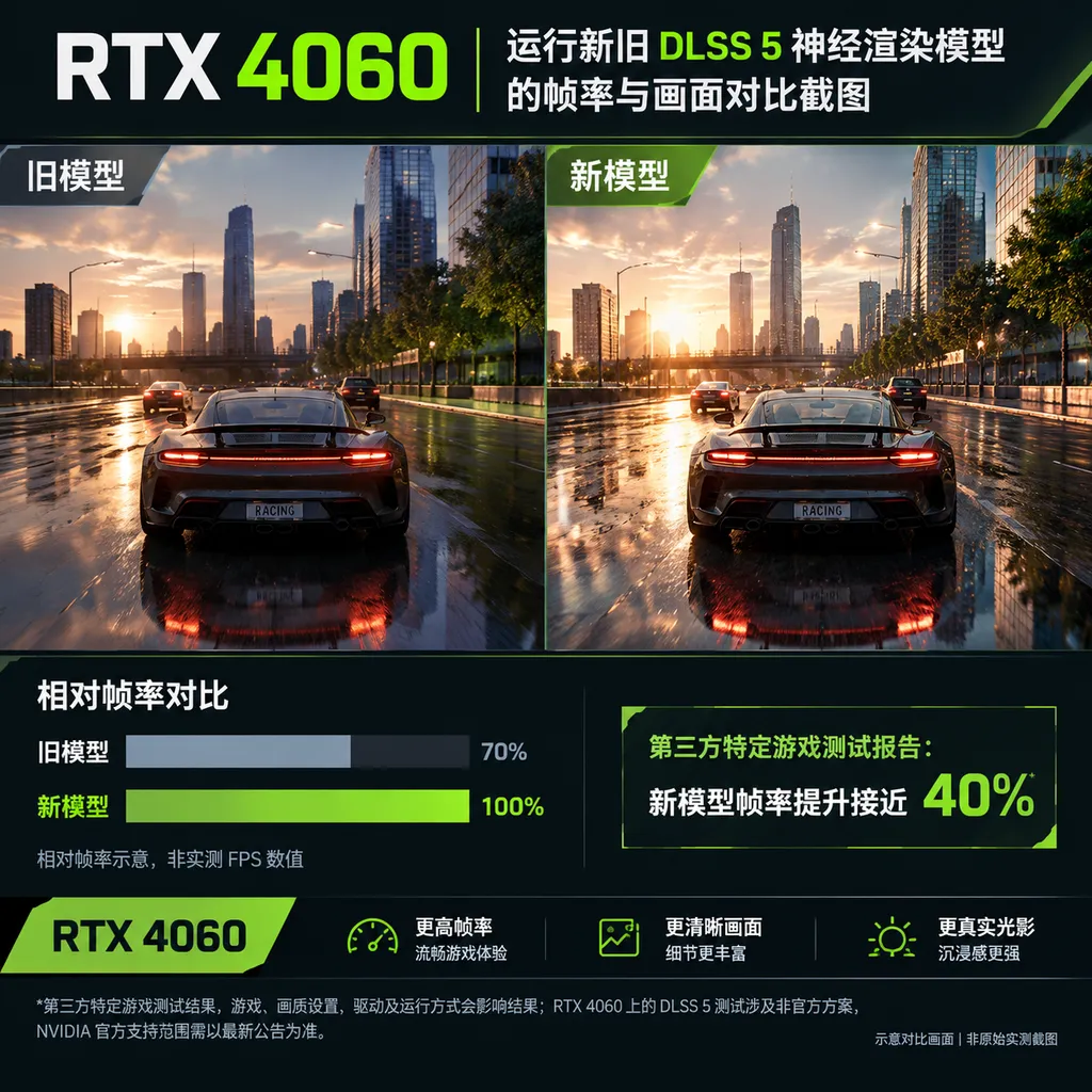 RTX 4060运行新旧DLSS 5神经渲染模型的帧率与画面对比截图