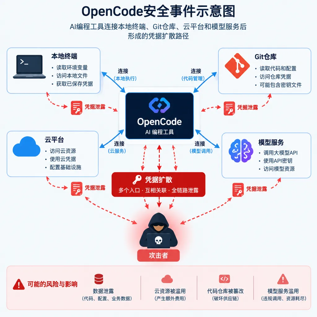OpenCode安全事件示意图,展示AI编程工具连接本地终端、Git仓库、云平台和模型服务后形成的凭据扩散路径
