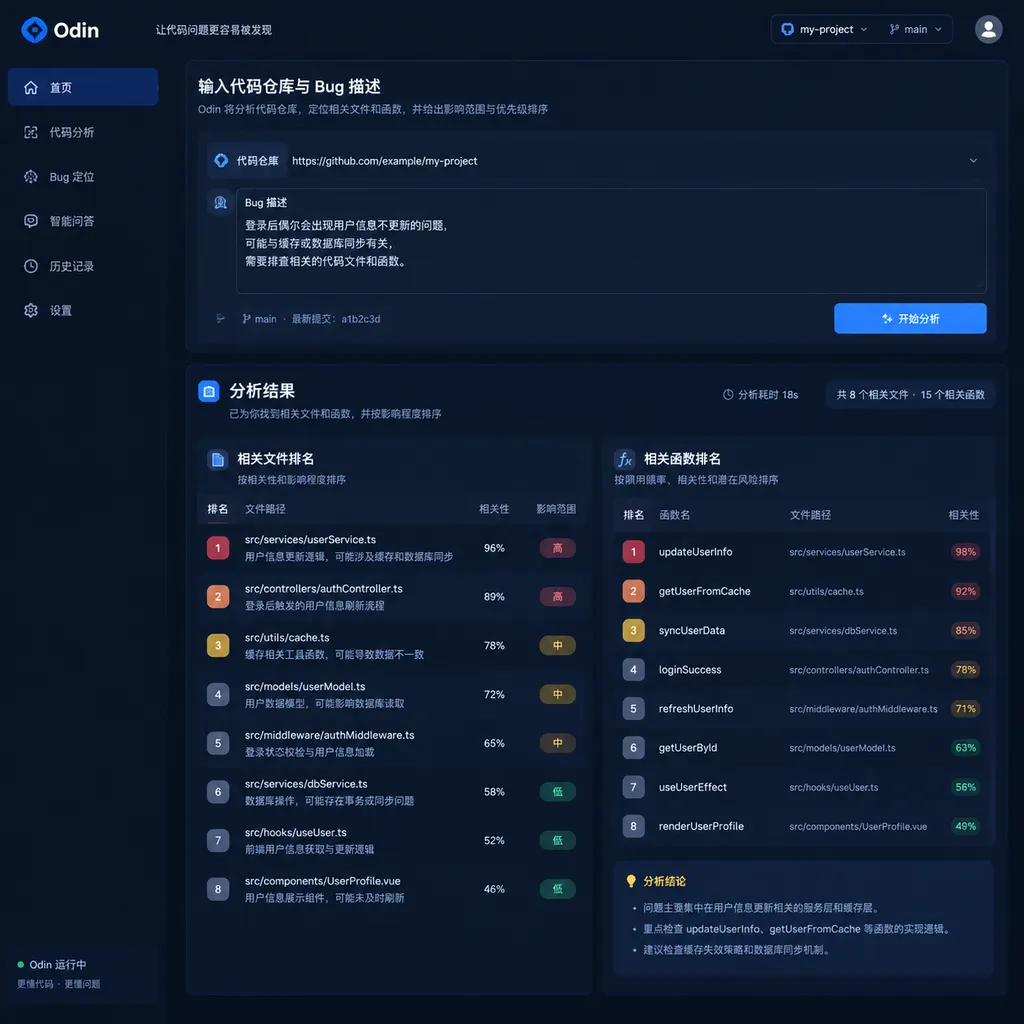 Odin输入代码仓库与Bug描述后,输出相关文件和函数排名的产品界面