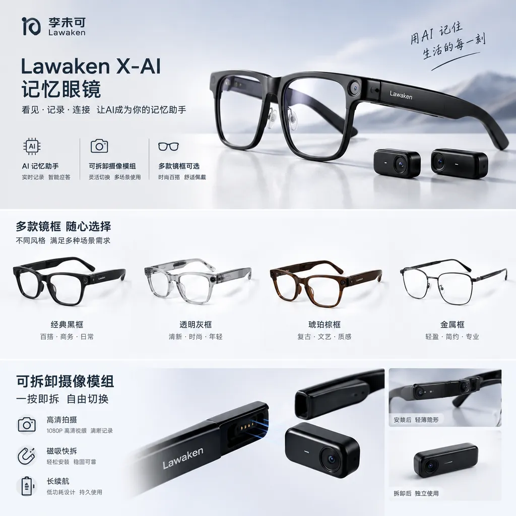 李未可 Lawaken X-AI 记忆眼镜不同镜框款式及可拆卸摄像模组产品图
