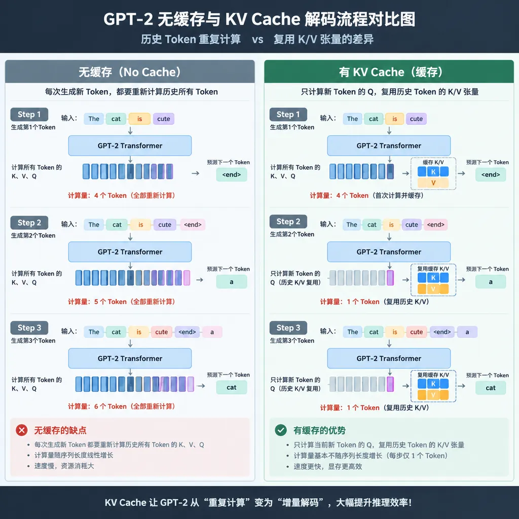 GPT-2无缓存与KV Cache解码流程对比图,展示历史Token重复计算和复用K/V张量的差异