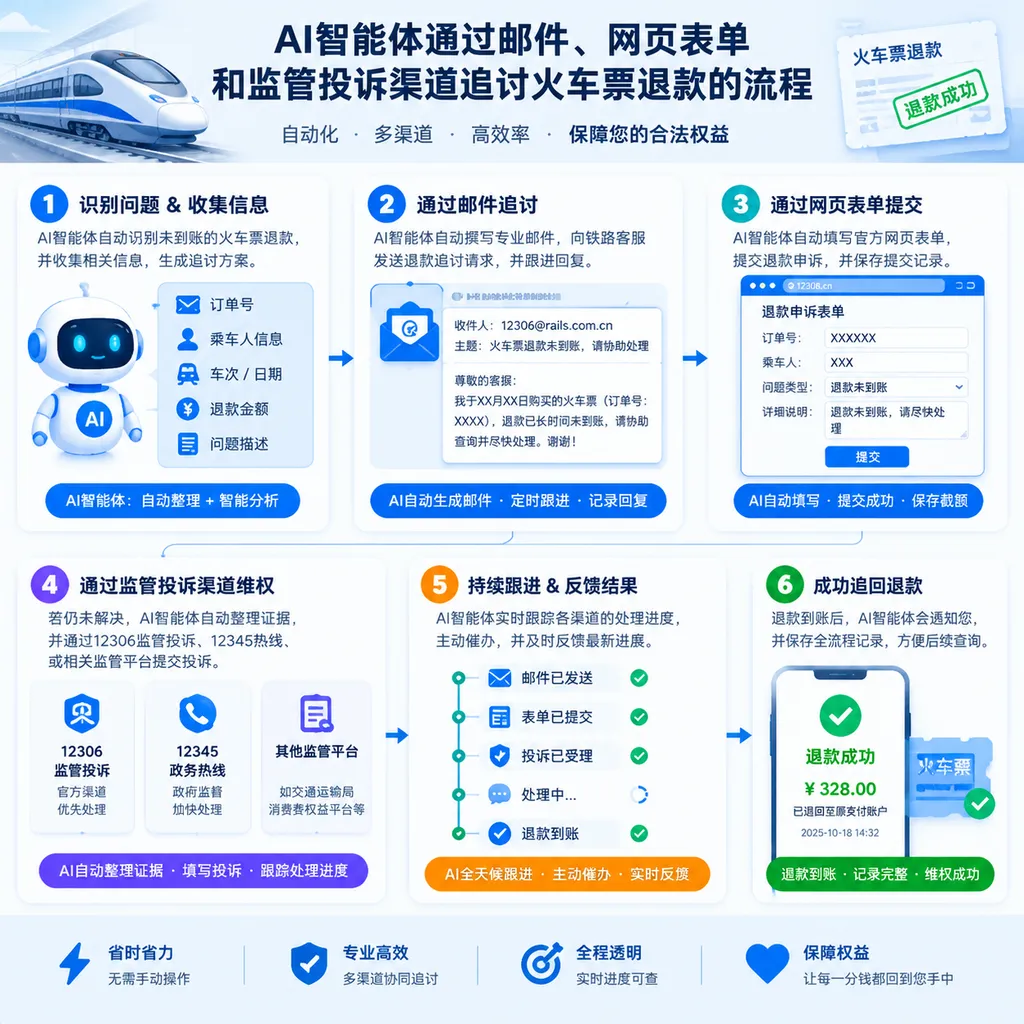 AI智能体通过邮件、网页表单和监管投诉渠道追讨火车票退款的流程示意图