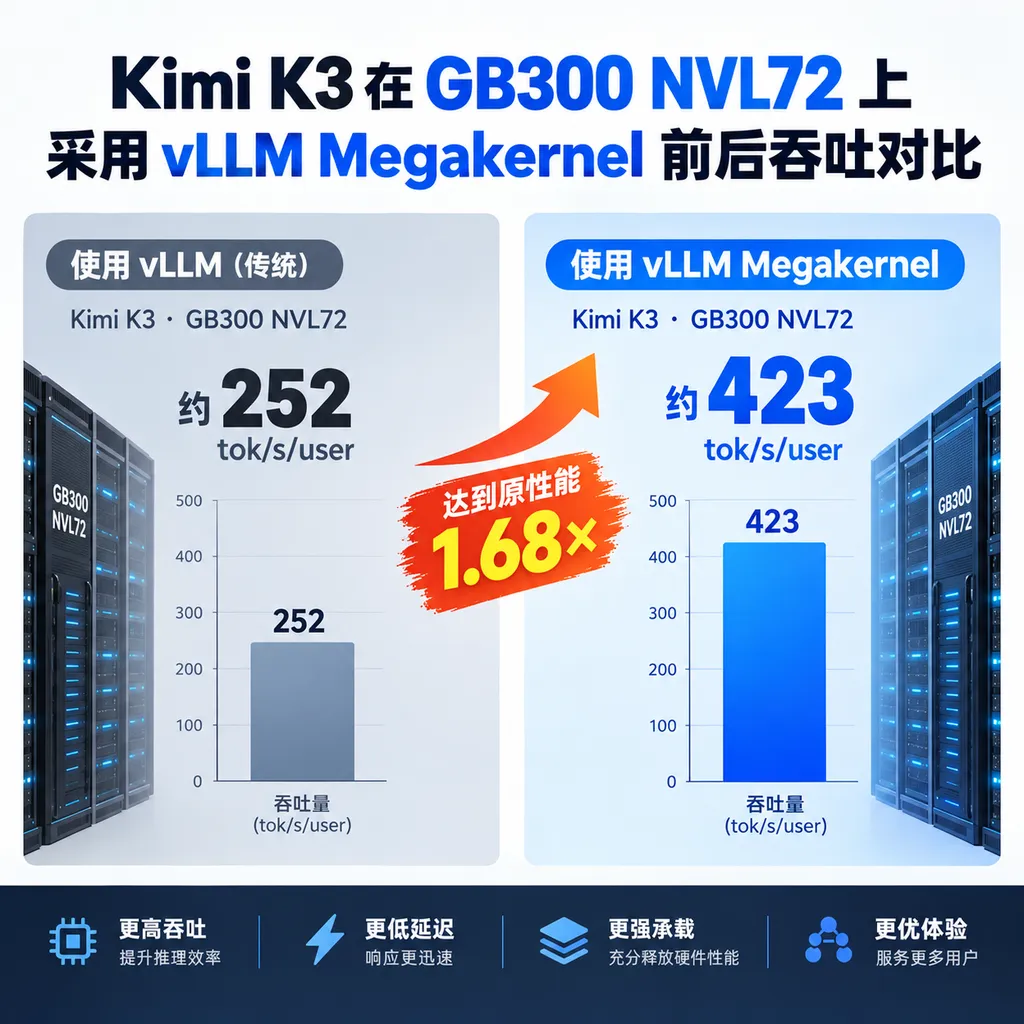 Kimi K3在GB300 NVL72上采用vLLM Megakernel前后吞吐对比图,左侧约252 tok/s/user,右侧423 tok/s/user,并标注达到原性能1.68倍