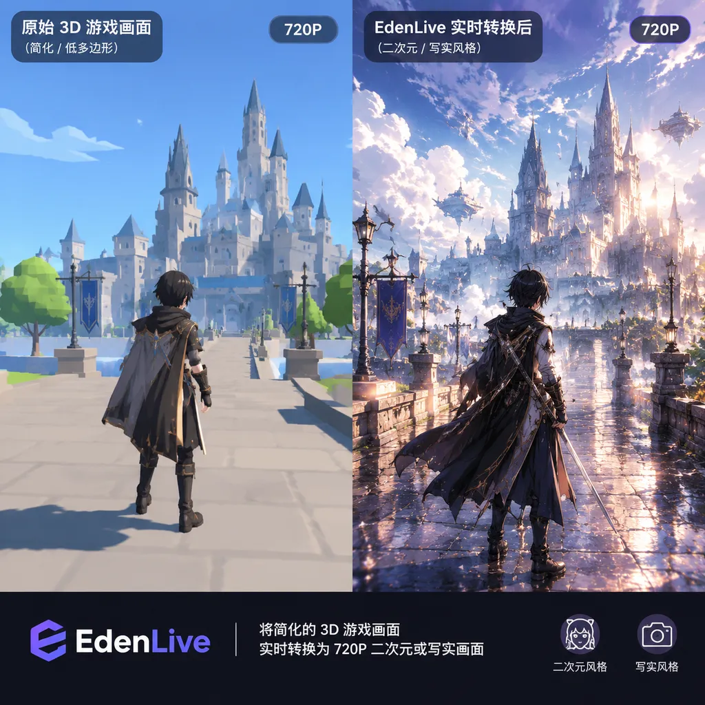 EdenLive 将简化的 3D 游戏画面实时转换为 720P 二次元或写实画面的对比图