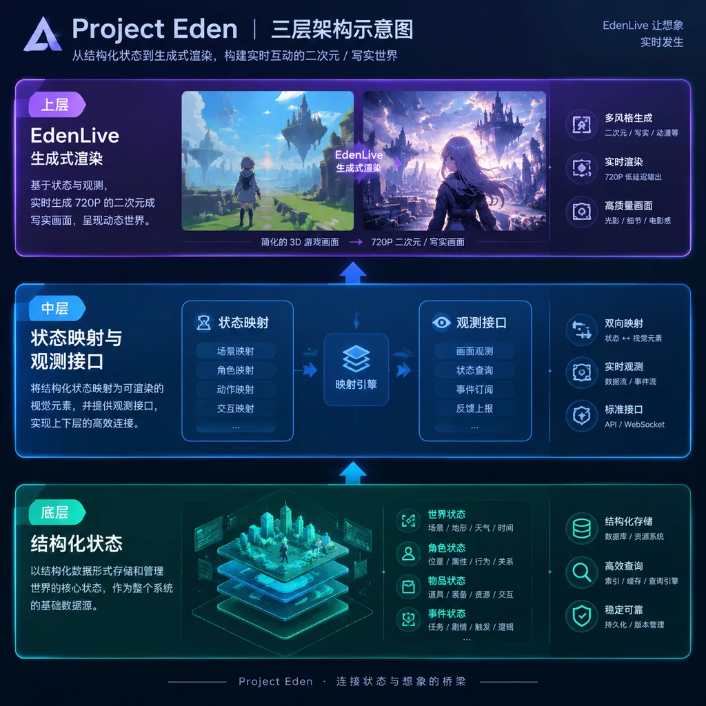 Project Eden 三层架构示意图,底层为结构化状态,中间为状态映射与观测接口,上层为 EdenLive 生成式渲染