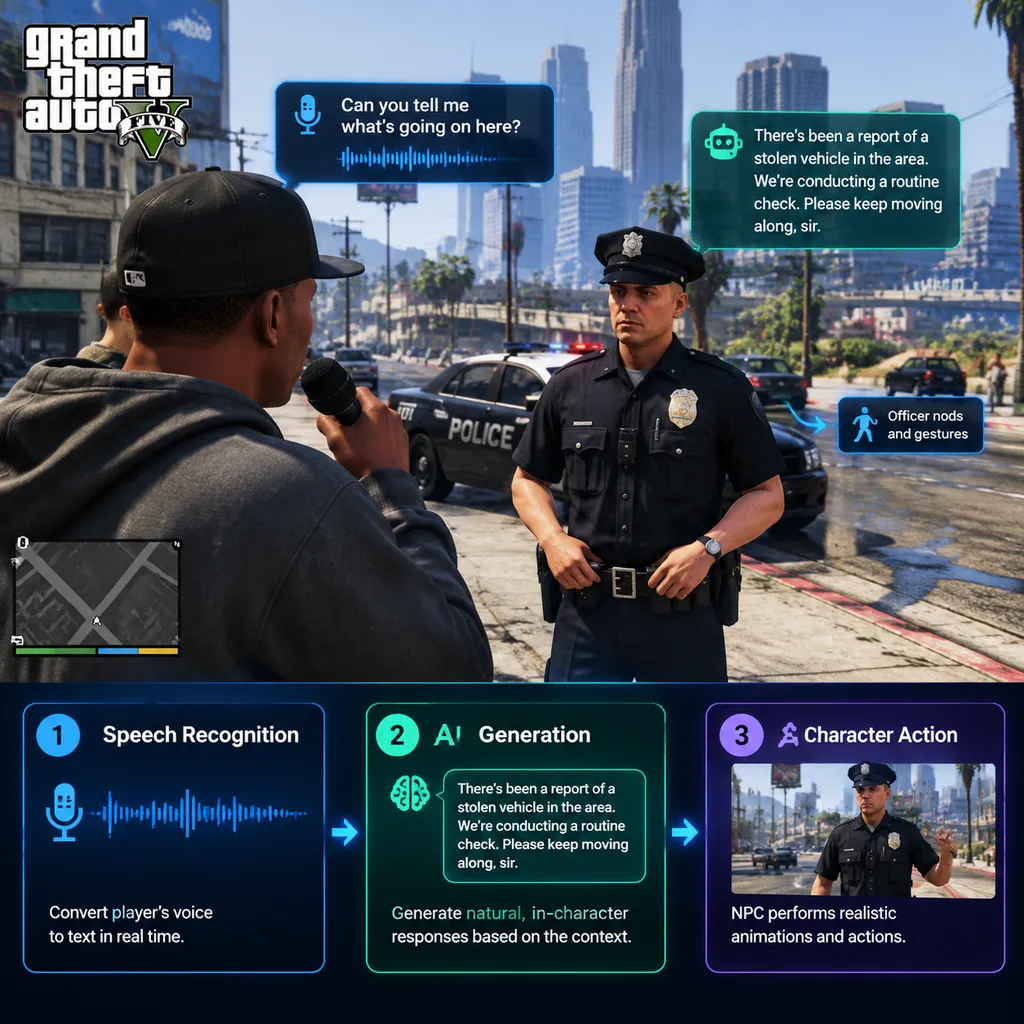 GTA 5 玩家在街头通过麦克风与警察 NPC 实时交谈,画面同时展示语音识别、AI 生成回答和角色动作三个处理阶段
