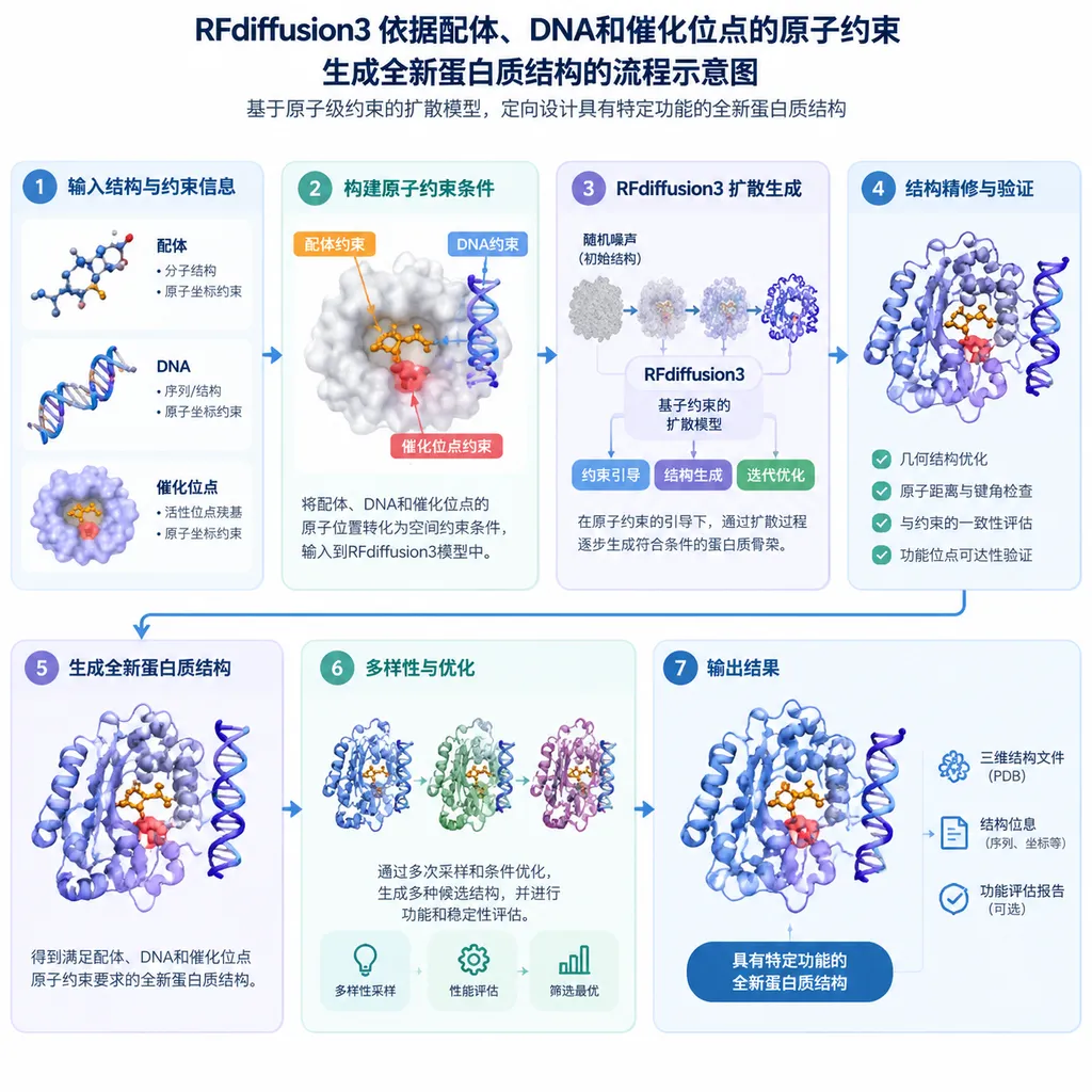 RFdiffusion3依据配体、DNA和催化位点的原子约束生成全新蛋白质结构的流程示意图