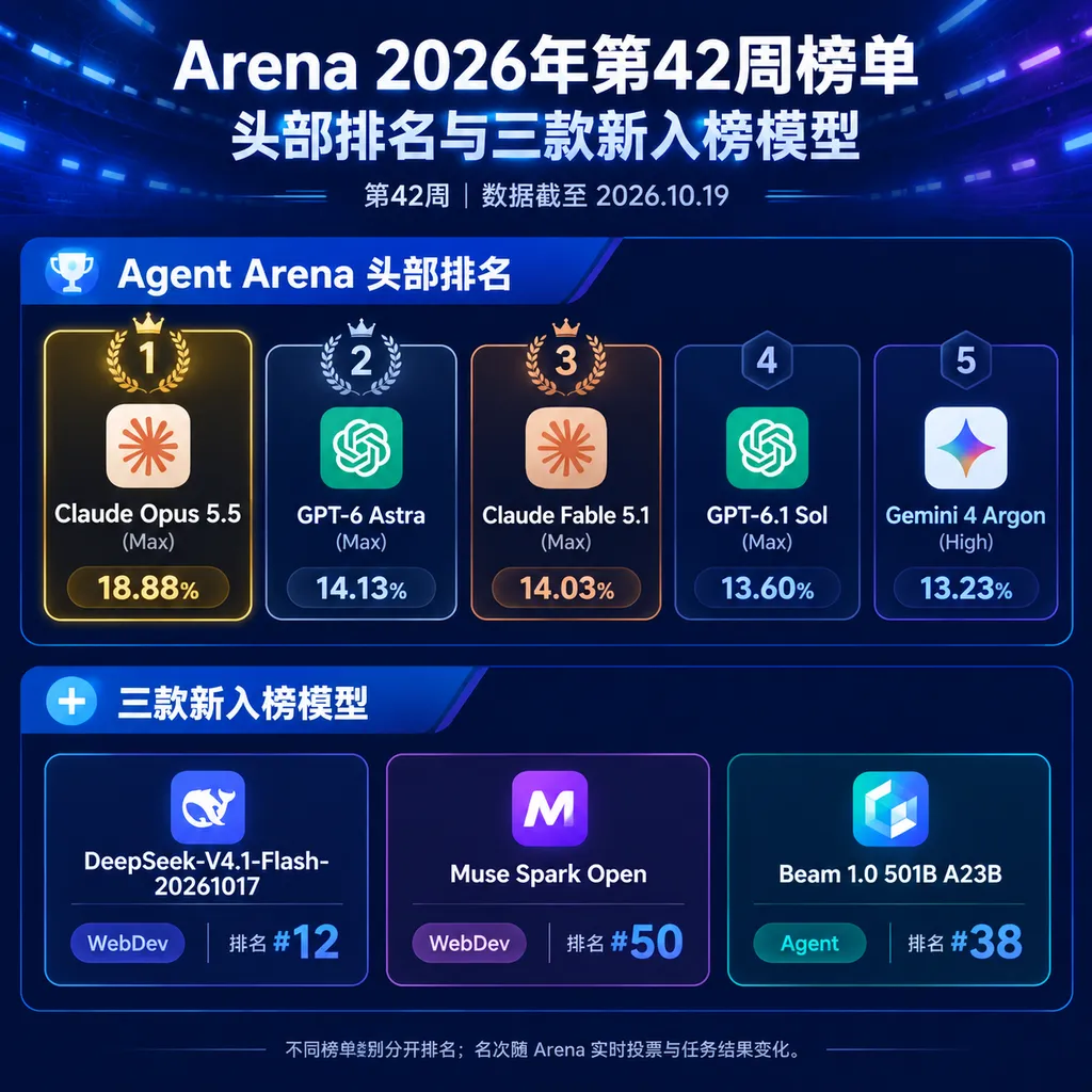 Arena 2026年第42周榜单头部排名与三款新入榜模型信息图