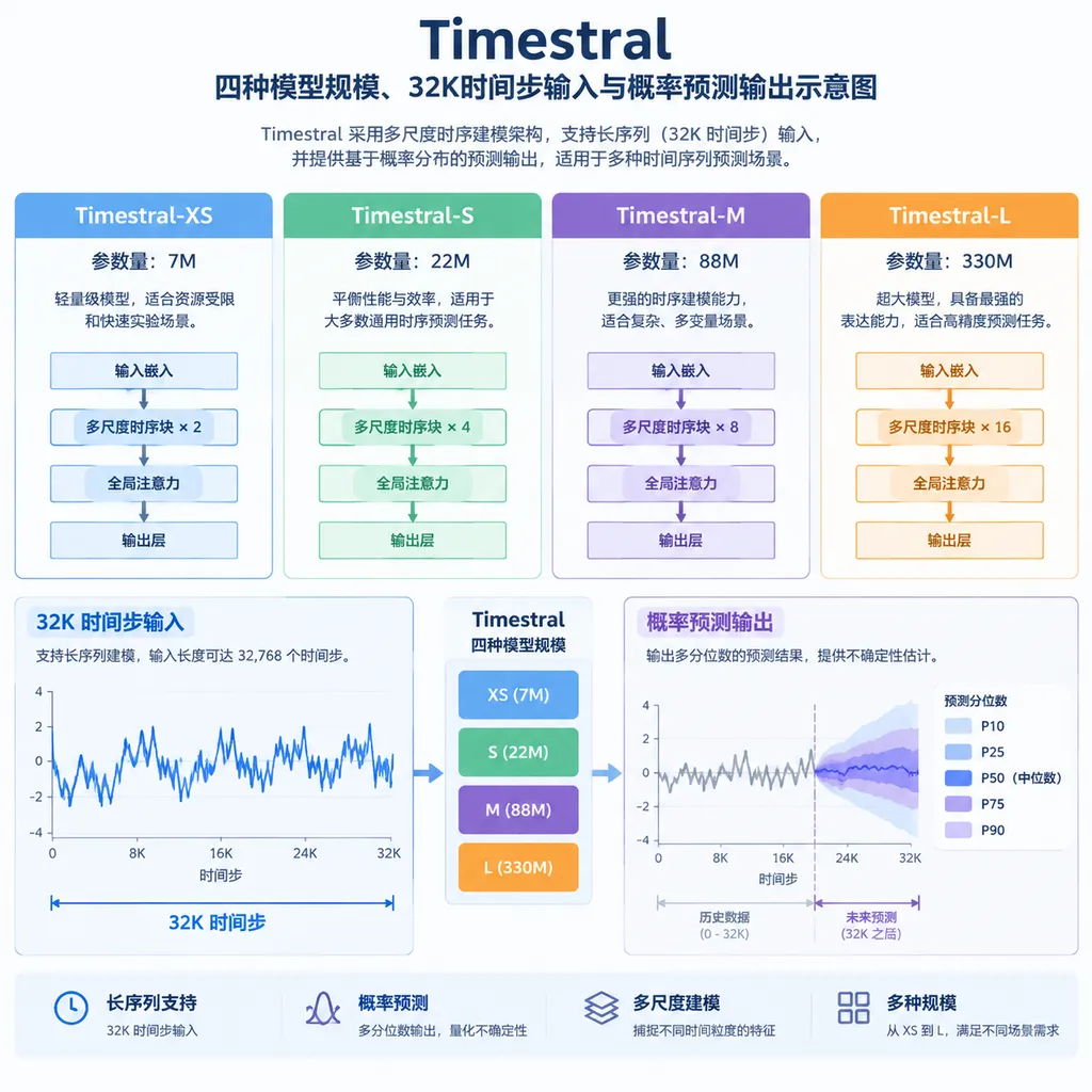 Timestral四种模型规模、32K时间步输入与概率预测输出示意图