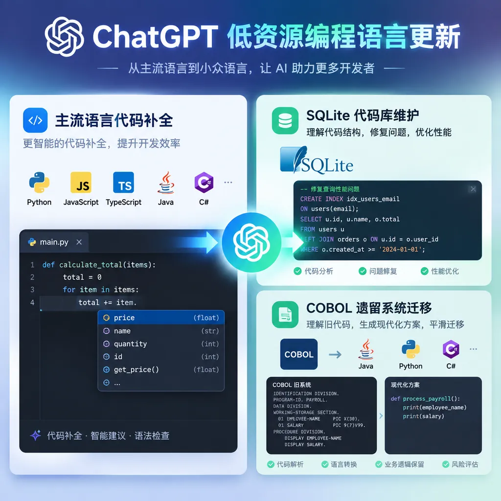 ChatGPT 低资源编程语言更新示意图,左侧为主流语言代码补全,右侧为 SQLite 代码库维护与 COBOL 遗留系统迁移