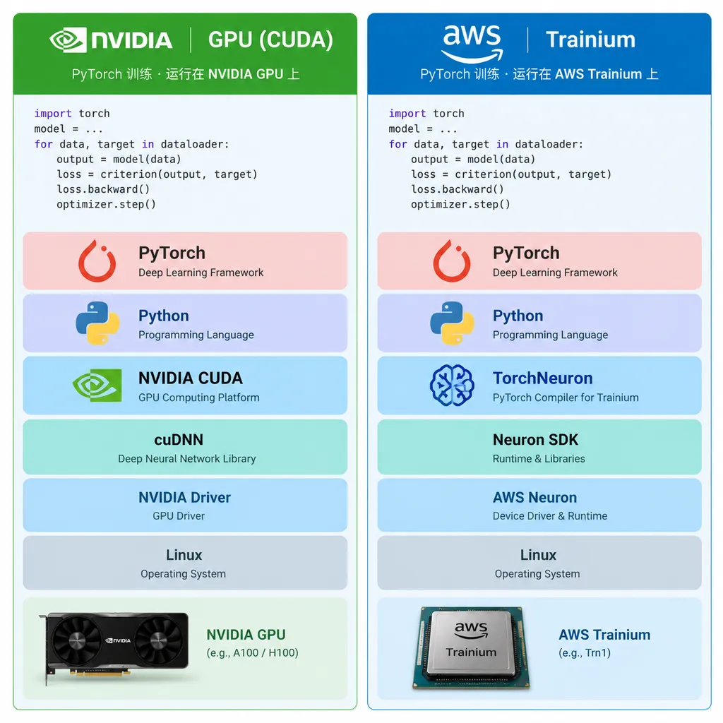 PyTorch训练代码分别通过CUDA与TorchNeuron运行在英伟达GPU和AWS Trainium上的软件栈对比图