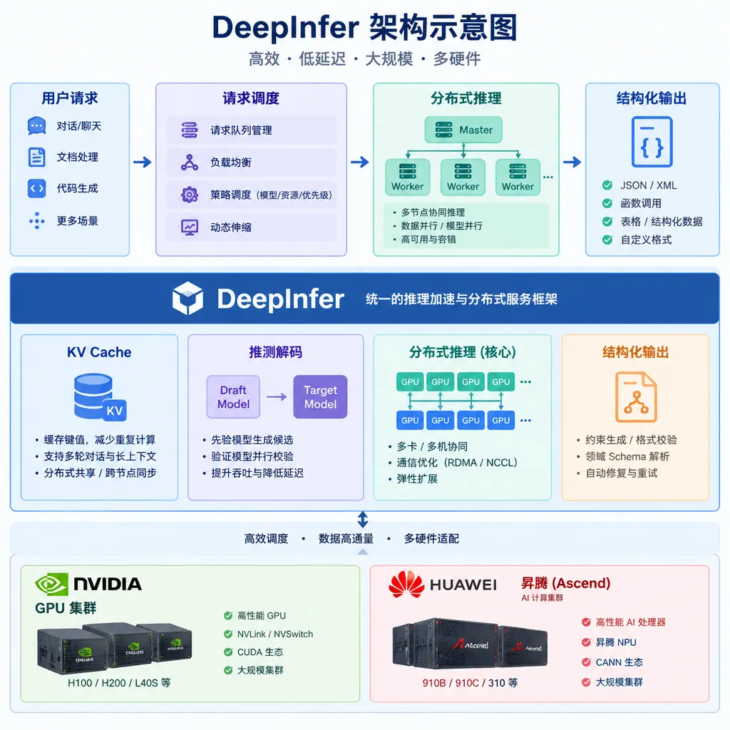 DeepInfer架构示意图,展示请求调度、分布式推理、KV Cache、推测解码、结构化输出以及英伟达和华为昇腾硬件