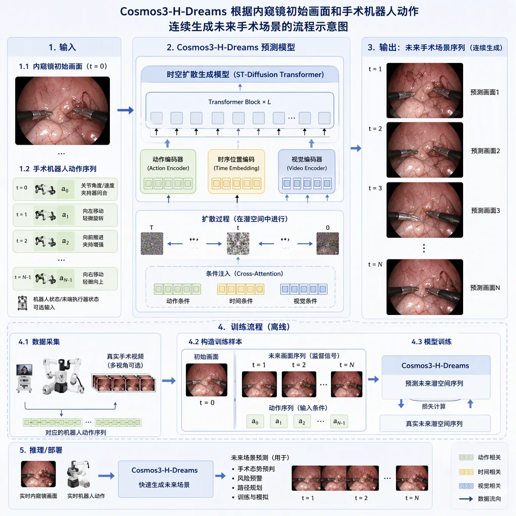 Cosmos3-H-Dreams根据内窥镜初始画面和手术机器人动作连续生成未来手术场景的流程示意图