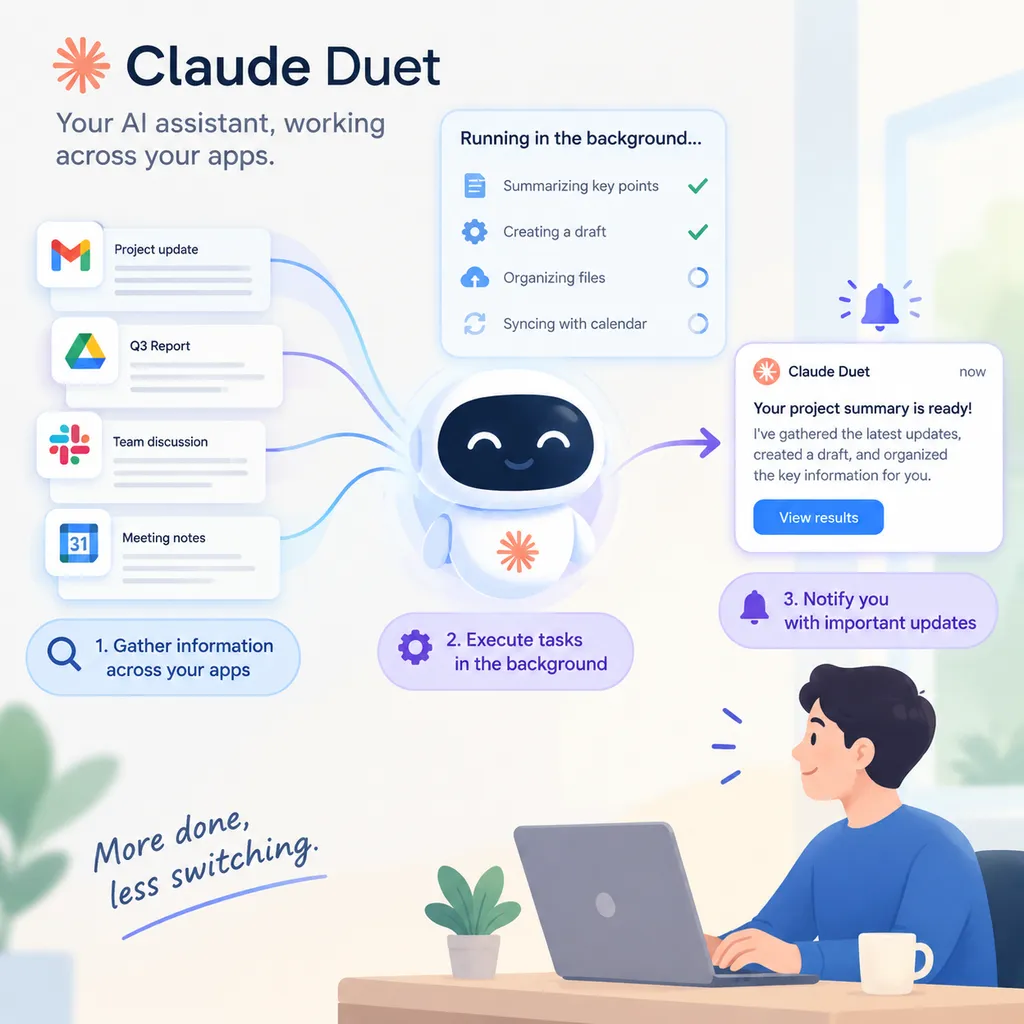 Claude Duet跨应用整理信息、后台执行任务并向用户发出提醒的产品示意图