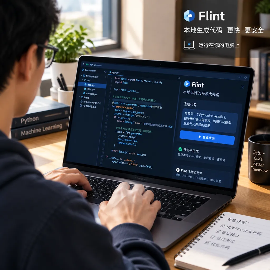 Flint模型在笔记本本地生成代码的工作场景,画面突出开发者电脑而非云端机房