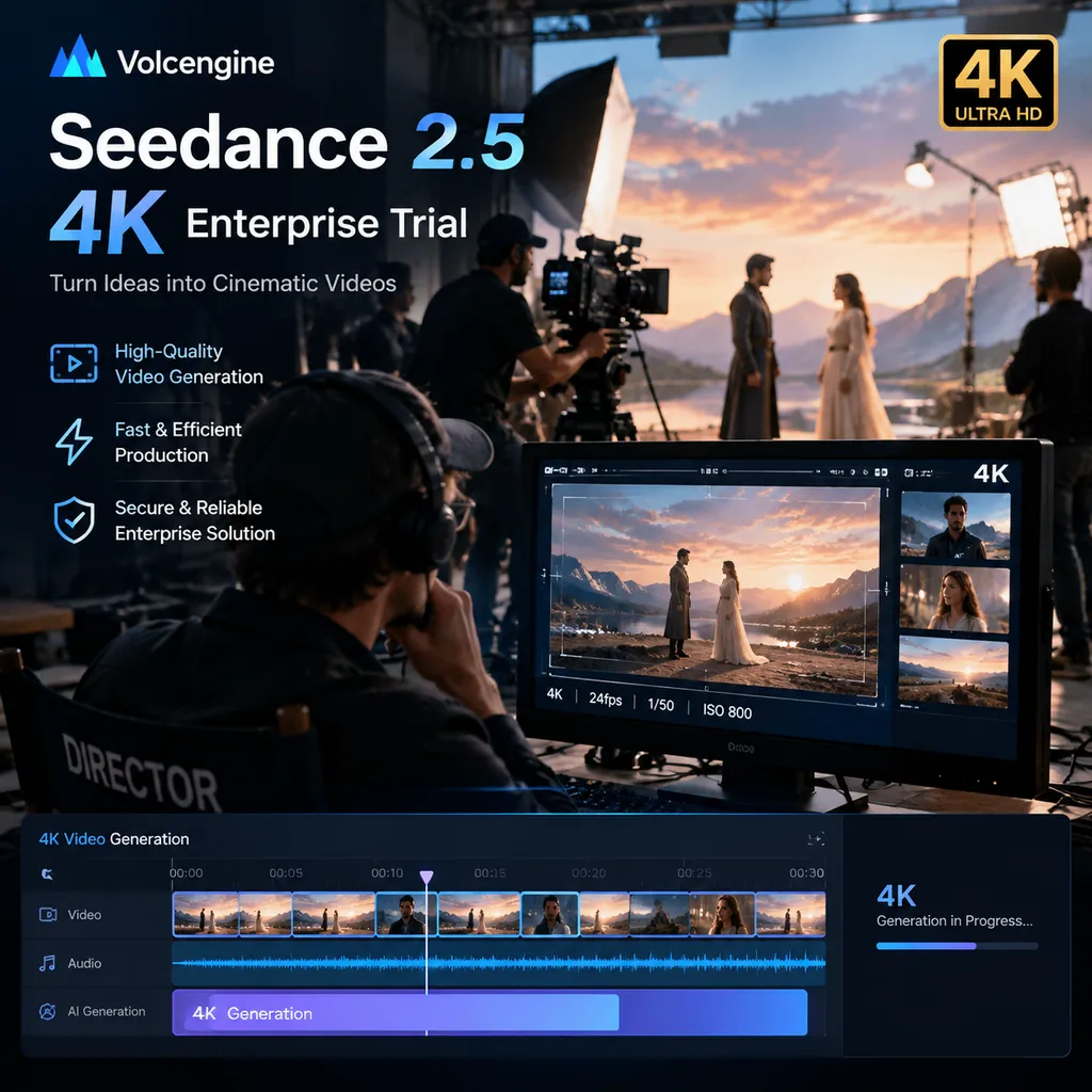 火山引擎 Seedance 2.5 4K 企业试用概念图,画面包含影视片场、导演监看屏和4K生成视频时间线