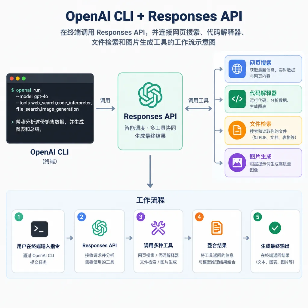 OpenAI CLI 在终端调用 Responses API,并连接网页搜索、代码解释器、文件检索和图片生成工具的工作流示意图