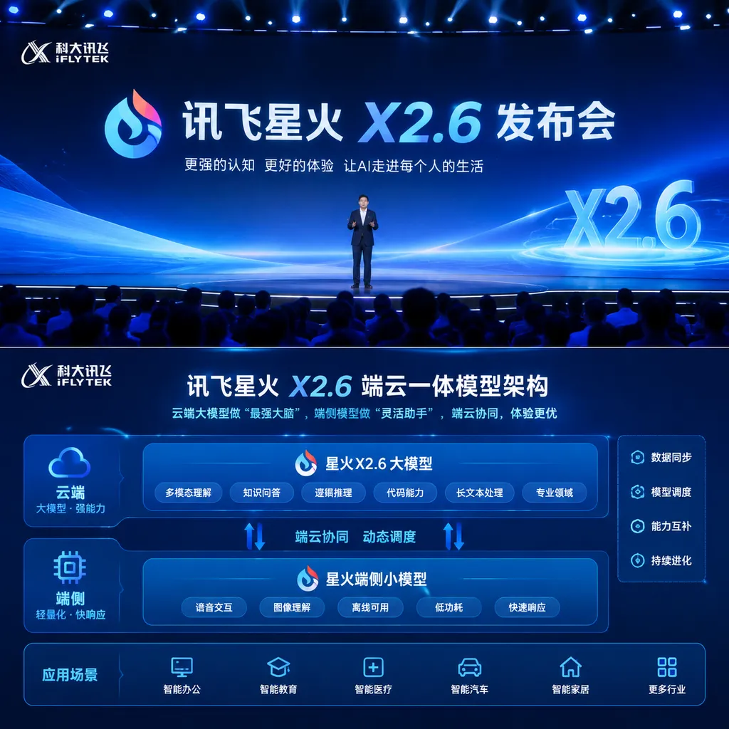 讯飞星火X2.6发布会现场及端云一体模型架构示意图