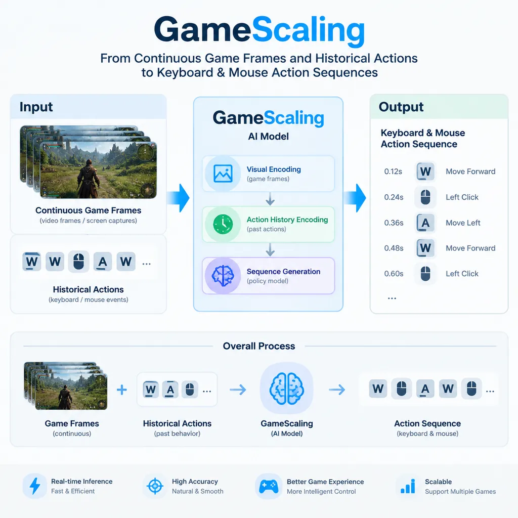 GameScaling 根据连续游戏画面和历史动作生成键盘、鼠标操作序列的流程示意图