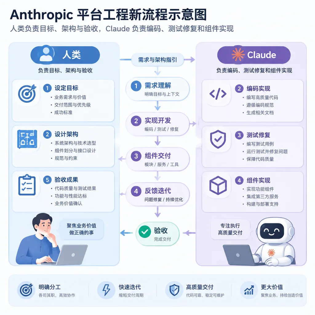 Anthropic 平台工程新流程示意图,人类负责目标、架构与验收,Claude 负责编码、测试修复和组件实现