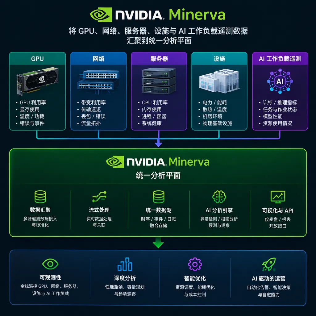 NVIDIA Minerva 将 GPU、网络、服务器、设施与 AI 工作负载遥测数据汇聚到统一分析平面的产品架构示意图