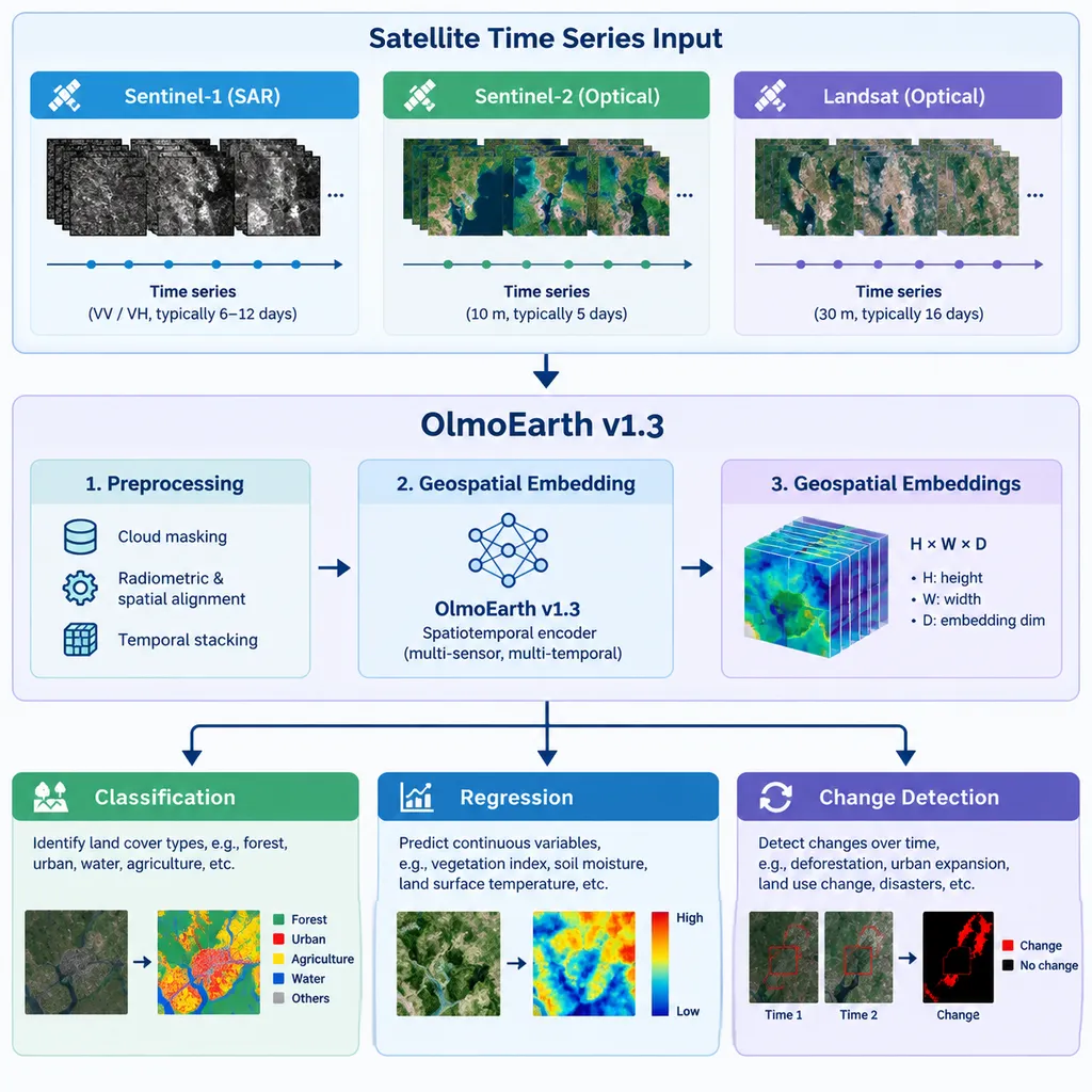 OlmoEarth v1.3 将 Sentinel-1、Sentinel-2 和 Landsat 时序影像转换为地理空间嵌入,并用于分类、回归和变化检测任务的流程图
