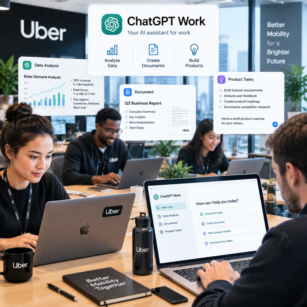 Uber员工在办公环境中使用ChatGPT Work处理数据分析、文档和产品任务的示意图