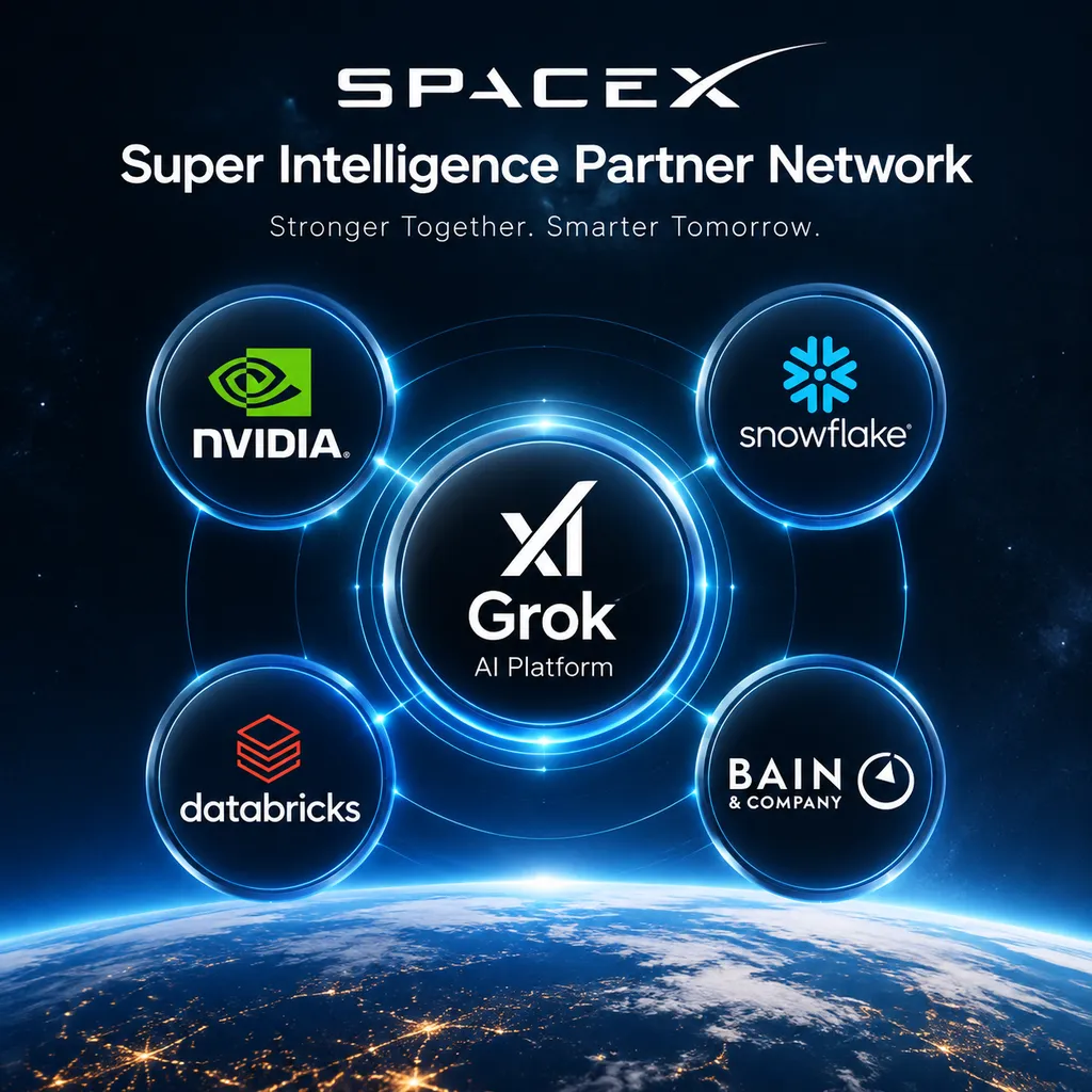 SpaceX Super Intelligence Partner Network发布画面,中央为Grok平台,周围展示英伟达、Snowflake、Databricks、贝恩等合作伙伴标识