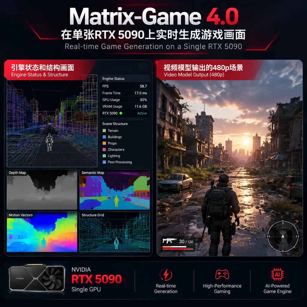 Matrix-Game 4.0在单张RTX 5090上实时生成游戏画面,左侧为引擎状态和结构画面,右侧为视频模型输出的480p场景