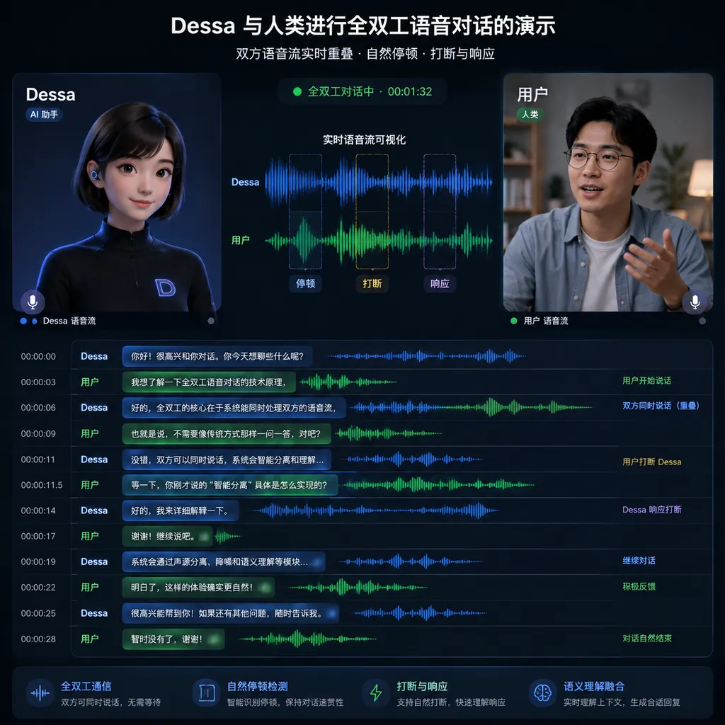 Dessa与人类进行全双工语音对话的演示画面,展示双方语音流重叠、停顿和打断