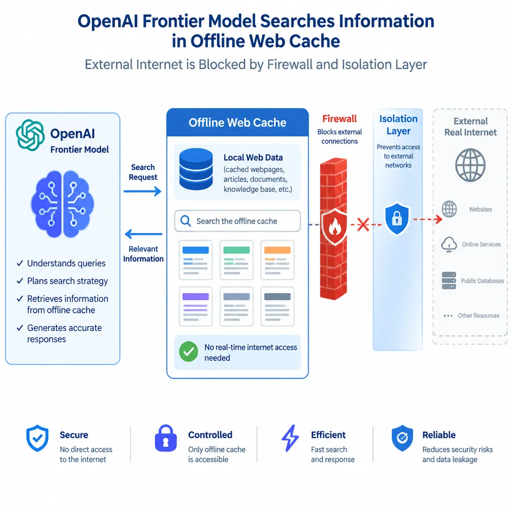 OpenAI前沿模型在离线网页缓存中搜索信息,外部真实互联网被防火墙和隔离层阻断的架构示意图