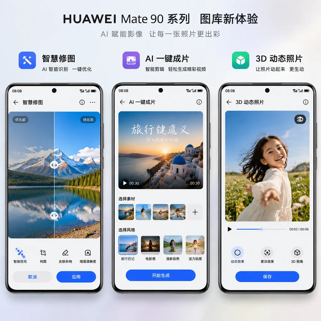 华为 Mate 90 系列图库中的智慧修图、AI 一键成片和 3D 动态照片功能界面