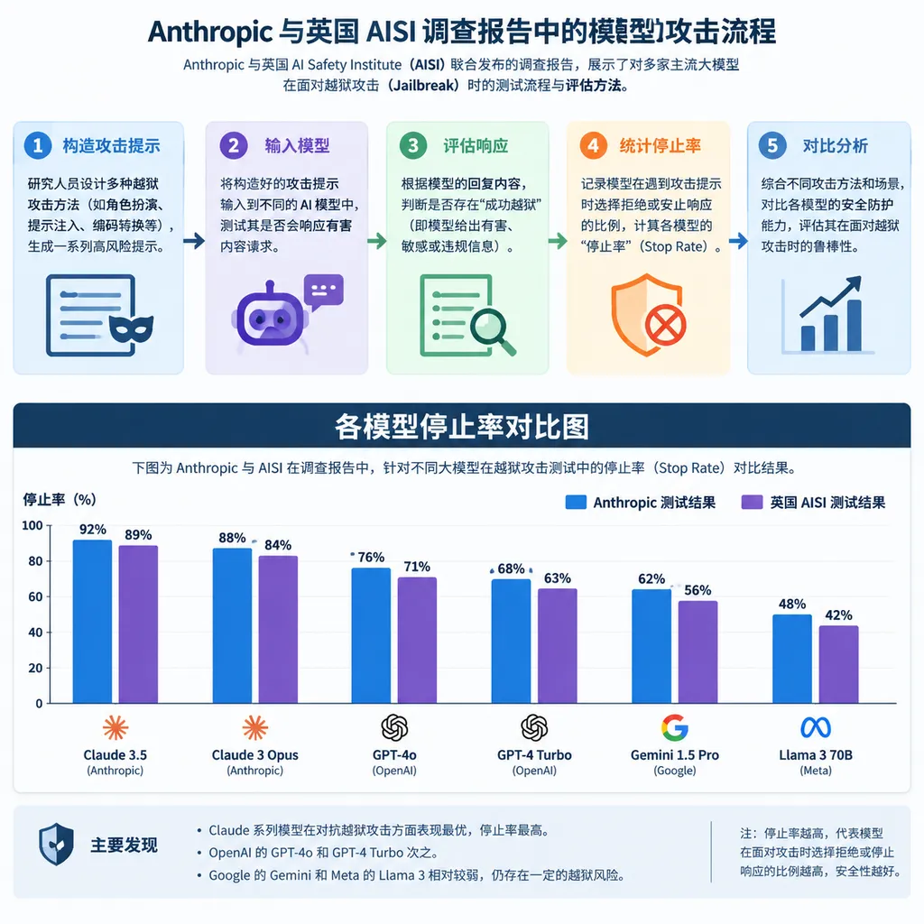 Anthropic与英国AISI调查报告中的模型攻击流程及各模型停止率对比图