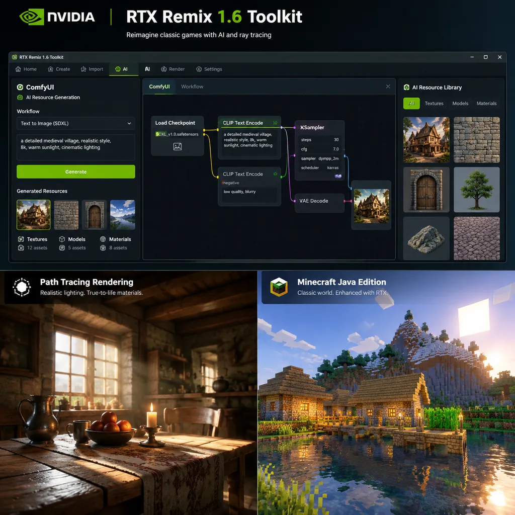 RTX Remix 1.6 Toolkit界面,展示ComfyUI资源生成、路径追踪画面与《我的世界》Java版场景